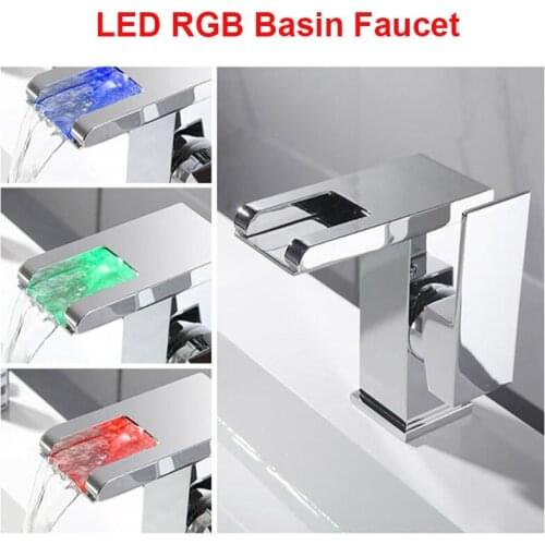 LED RGB Basin Faucet Waterfall Temperature Color Change Bathroom Cold Hot Warm Deck Sink Faucet Toilet Mixer Tap Basin Faucet