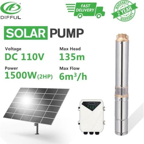 Solar Water Pump Deep Well 4" DC Submersible 110V 2HP Copper Outlet MPPT Controller Plastic Impeller (Max Head 135m, Flow 6T/H)