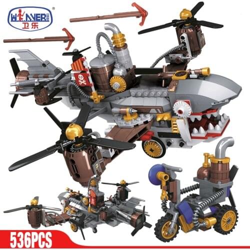 Mould King Creator City Age Of Steam Series Pirate Shark Airship Building Blocks Military Aircraft Figures Bricks Toys Children
