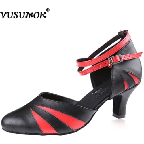 VUSUMOK Genuine Leather Women Sexy Latin Dance Shoes Girls Tango Shoes Salsa Shoes Closed Toe High Heels Lace Plugs size 33-43