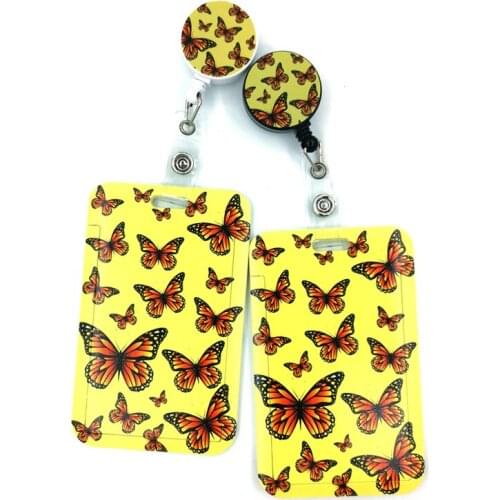 Yellow Monarch Butterfly Cartoon Retractable Badge Reel Lanyard Nurse ID Business Credit Card Work Badge Holder Office Student