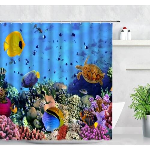 Underwater World Shower Curtains Waterproof Fabric Bath Curtain Ocean Fish Sea Turtle Red Coral Modern Children Bathroom Decor