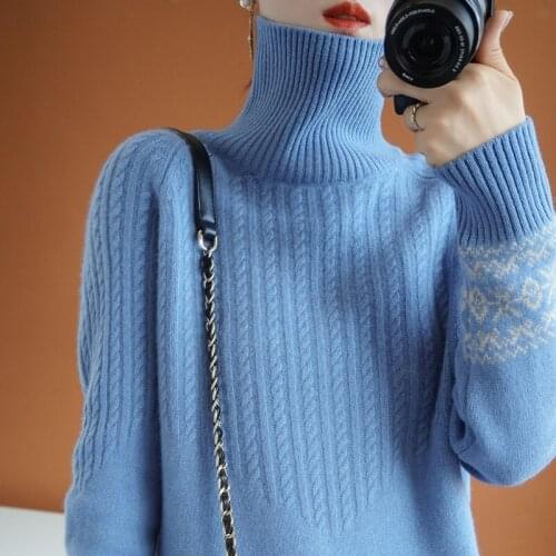 Autumn and winter new cashmere sweater womens high neck twisted knitting Pullover solid color sweater Korean pure wool long