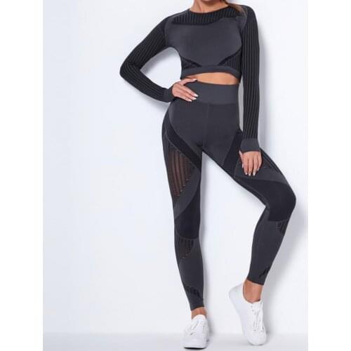2pcs/Set Outfits Women Yoga Set Seamless Long Sleeve O Neck Pullovers Top Skinny Leggings Pants Two Piece Set Women Sportswear