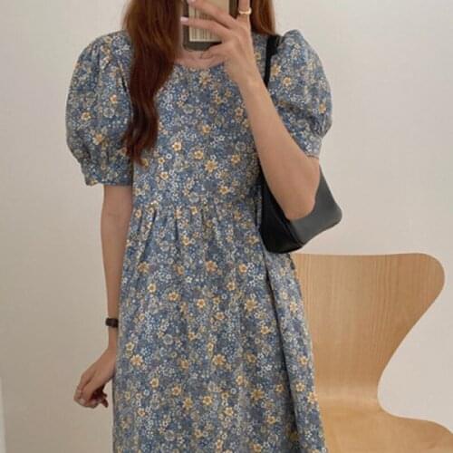 2021 Summer Vintage Beige Long Floral Pleat Dress Women Round Collar High Waistline Midi Sundress Loose Vestidos 14539