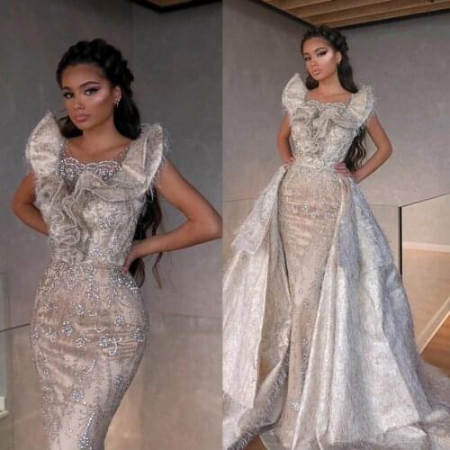 2020 Luxury Feather Mermaid Prom Dresses With Detachable Train Beaded Lace Applique Evening Gowns Robes