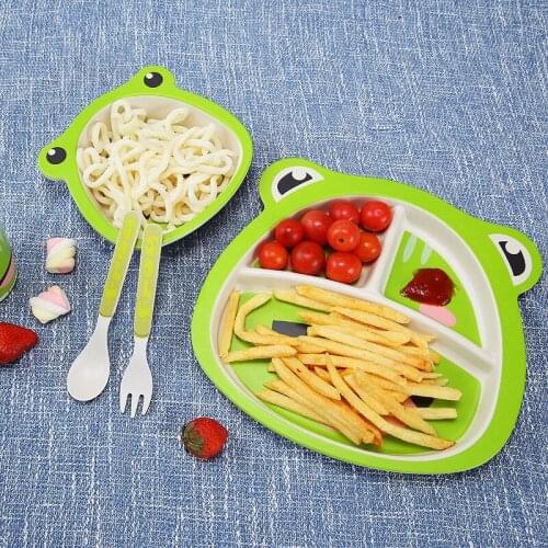 5PCS Childrens Cartoon Animal Tableware Bamboo Fiber Anti-fall Bowl Flatware Baby Feeding Plate Training Bowl Tableware Suit