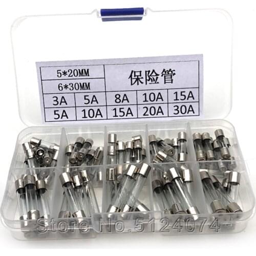 75pcs/lot/box Glass fuse tube 250V 5*20mm / 6*30MM fuse box mixed package 3A/5A/8A/10A/15A/20A/30A