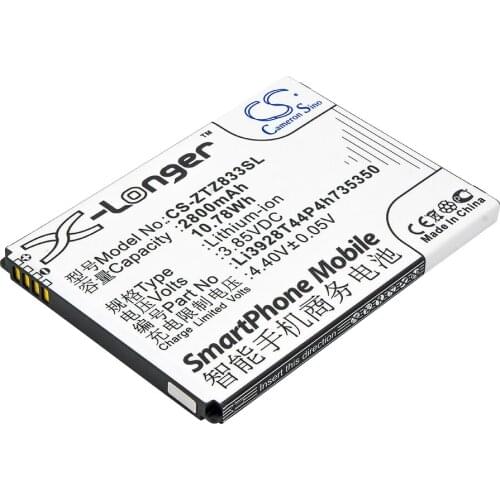 CS 2800mAh / 10.78Wh battery for ZTE Avid Trio, Q802T, Z833, Z836BL, Z837VL, ZFIVE 2 Li3928T44P4h735350
