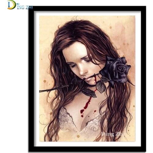 Diamond Painting Woman And Rose 5D Diy Full Square Round Diamond Embroidery Beauty Vampire Home Decor Cross Stitch Mosaic Crafts