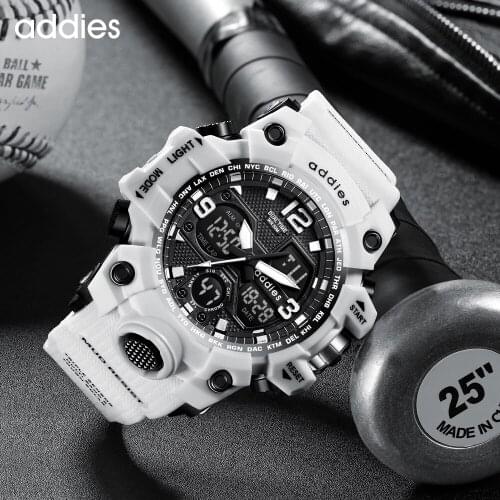 ADDIES White Sports Watches Mens Military Watch Waterproof Shock Sport Wristwatch Dual Display Watch Male Relogio Masculino