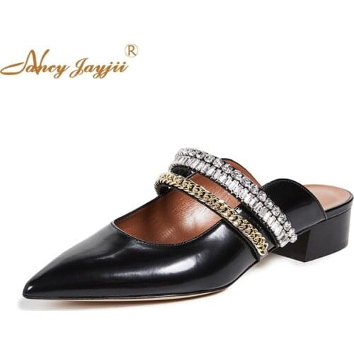 Black Pointed Toe Mules Slides with Low Heel 3 cm 1 Inch Crystal Golden Metal Chain Cool Punk Slippers Designer Women Shoes 201