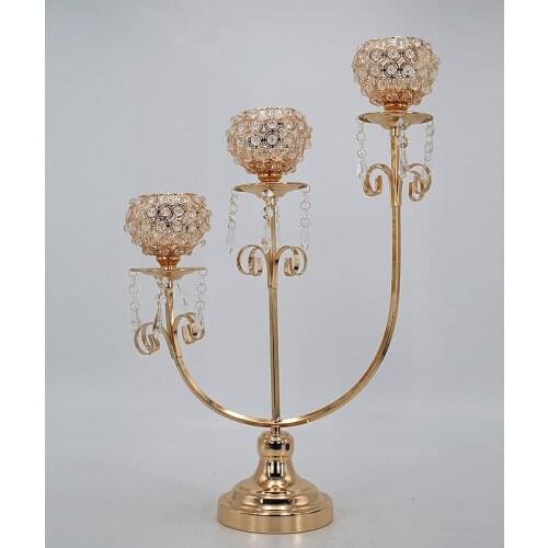 Free-Shipment Tall Three head crystal candlestick gold plated metal strand candelabras for home wedding decoration gift crafts