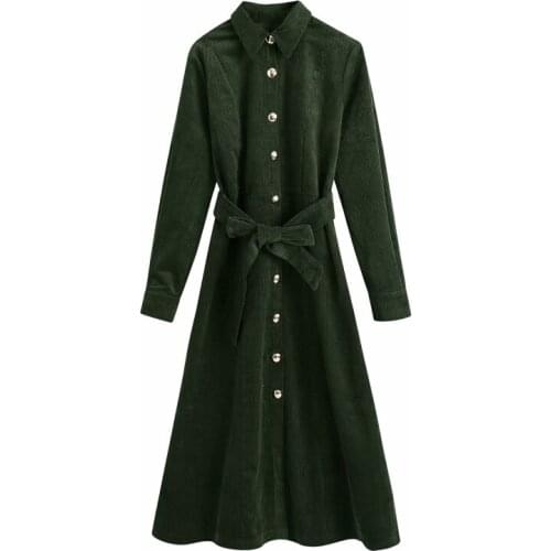 Nice Vintage Woman ArmyGreen Corduroy Long Shirt Dress Fad Fashion Ladies Autumn Sashes Dresses Female Chic Long Sleeve Dress