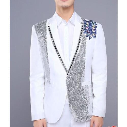 Free shipping mens black/white beading sequins shoulder decoration tuxedo jacket/stage performance jaceket/only jacket