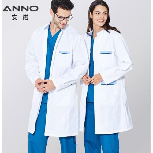ANNO Long Sleeve Lab Uniforms Work Wear Pharmacy White Coat Hospital Women Man White Doctor Uniform JOut Wear Surgical Gown