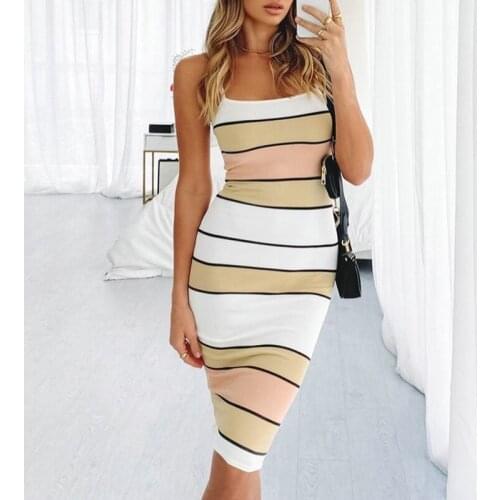 Summer Dress Women Robe Femme Striped Print Pencil Dresses Sling Sleeveless Backless Slim Hips Dress For Woman Vestido De Mujer