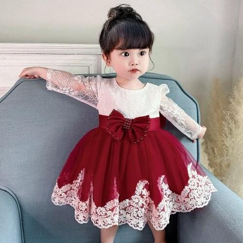 Summer Beads Infant Baby Girl Dress Big Bow Baptism Flower Dresses for Girls 1 Year Birthday Lace Party Wedding Baby Clothes 24M