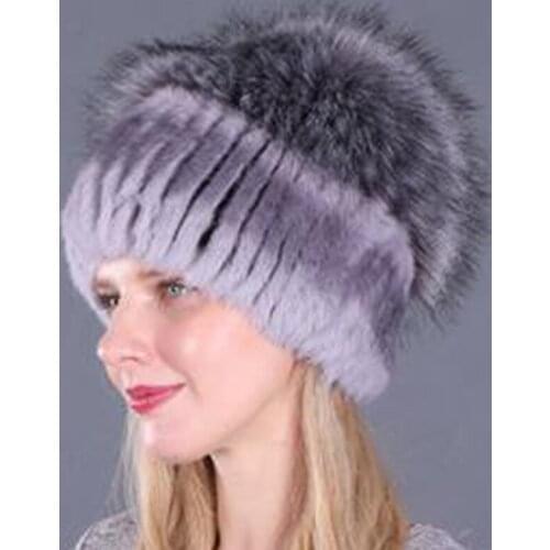 Hot Sale Fashion Imitating Fox Hat Winter Warm Women Knitting Caps Mink Hats Vertical Weaving With Fox Fur On The Top