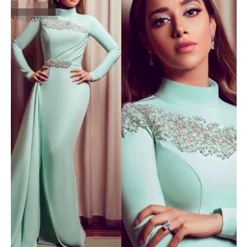 Mint Green High Neck Evening Dresses Long Sleeve Lace Appliqué Beaded Modest Prom Gowns Mermaid Formal Dress Vestido De Longo