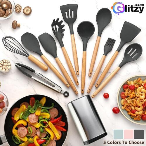Silicone Cooking Utensils Set Kithcen Non Stick Spatula Shovel Soup Spoon Wooden Handle Heat Resisant 9 Pieces Cooking Tools set
