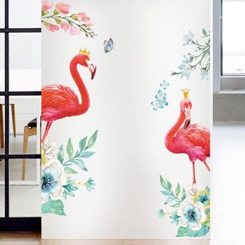 Pink Nordic Flamingo Flowers Wall Stickers Wardrobe Window Bedroom Living Room Background Decoration Removable Wall Decals