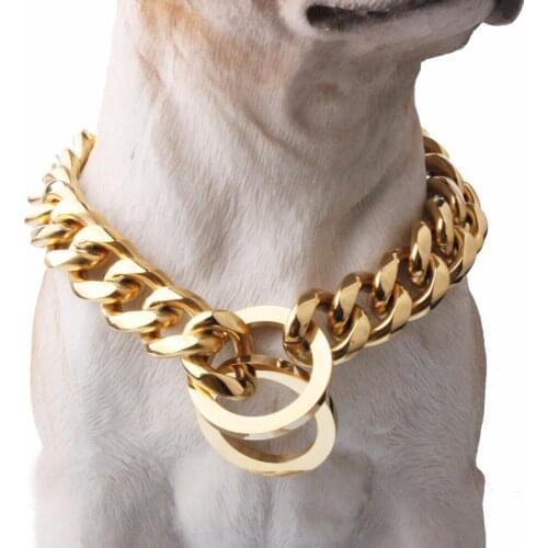 2018 New Gold Tone 17mm Wide Stainless Steel Pet Dog Chain Training Iron Curb Cuban Link Chain Dog Collar 12-32"