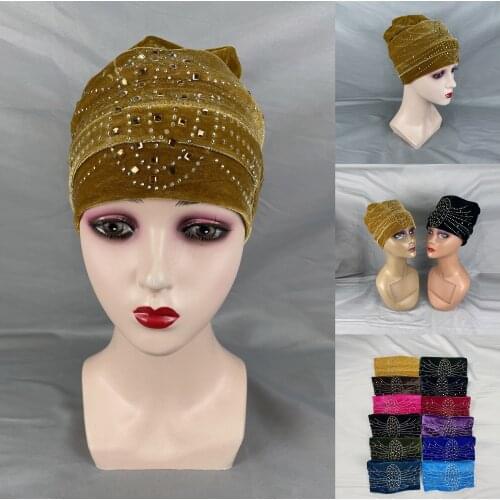 2021 New 12pcs laest Elegant Turban Hat with Stones Embroider Women Ready Cap Headwear Casual India Bonnet Hat