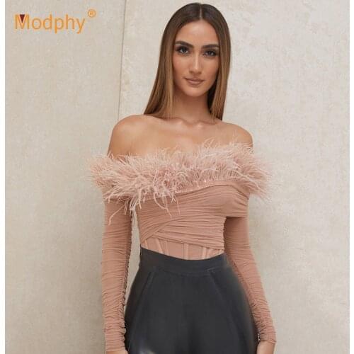 2021 New Autumn Women Pink Feathers Off Shoulder Bandage Bikini Bodysuits Sexy Long Sleeve Club Party Bodycon Rompers Bodysuits
