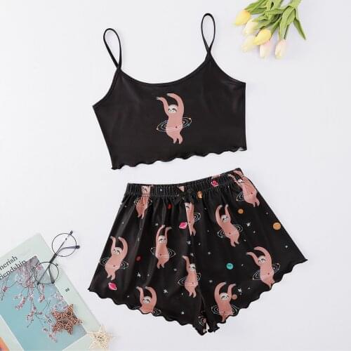 New Style Lady’s Summer Cartoon Bradypode Print Camisole With Shorts Pajama Set Comfortable Home Wear Sleepwear Underwear
