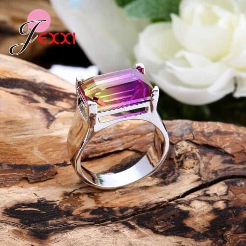 Original Design Big Rainbow Austrian Crystal Wedding Engagement 925 Sterling Silver Rings Jewelry For Woman Anillos Gift