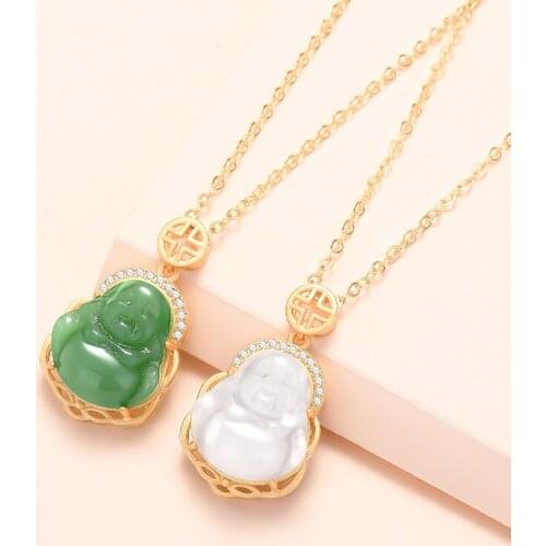 Lyvior White Jade Necklace Laughing Buddha Retro Style Pendant Peace Symbolizes Inlaid Jewelry 2Pcs/lot Fine Jewelry for Women