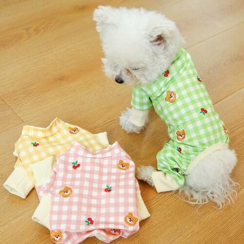 Dog Pajamas Teddy Bichon Clothes Comfortable Home Wear Four-legged Clothing Lattice Cherry Bear Jumpsuit for Dogs