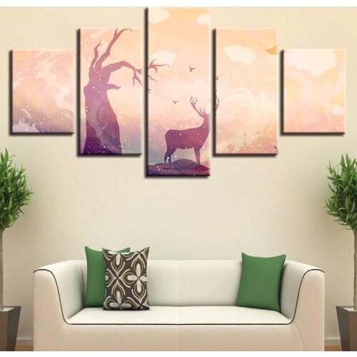 Canvas Painting Poster Artwork Living Room 5 Panel Deer And Withered Tree Modern HD Framework Home Decor Printed