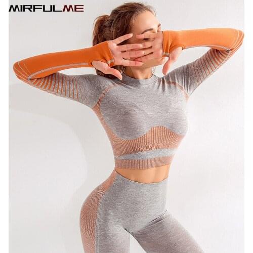 Yoga Shirts Women Stripes Running Shirts Elastic Crop Tops Sport T-shirts Woman Long Sleeves Gradient Cropped Shirts Gym Fitness