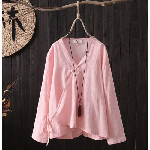 2020 Women Chinese Traditional Style Shirts Cotton Blouses Loose Vintage Cheongsam Tops For Women Soild Color Hanfu Shirt 11377