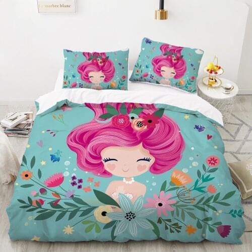 Cartoon Kids Bedding set For home Baby child girl Duvet Cover Set 2/3Pc Bed Linen 140x200 200x200 Mermaid princess Flowers drop