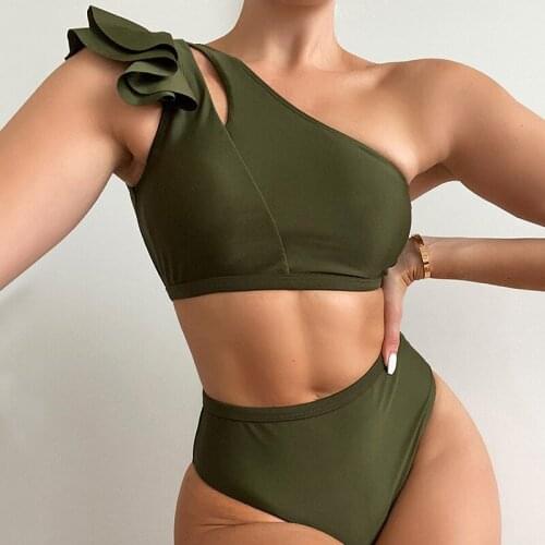 Sexy Bikinis Women 2021 New One Shoulder Ruffles Swimwear High Waist Swimsuit Bandage Bathing Suits Beach Wear Biquini Female