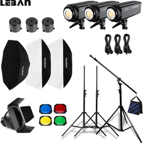 Free DHL Godox 3x SL-200W 600W Studio LED Continuous Video Light + Light Stand + Softbox + Boom Arm + Honeycomb Grid Kit