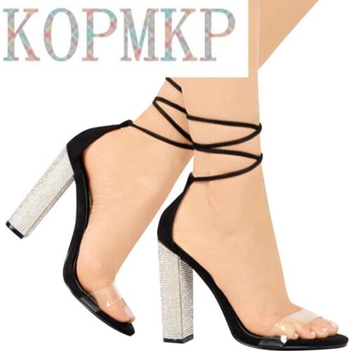 3Colour Sexy Women Heeled Sandals Bandage Rhinestone Ankle Strap Pumps Super High Heels Square Heels Lady Shoes Big size 43