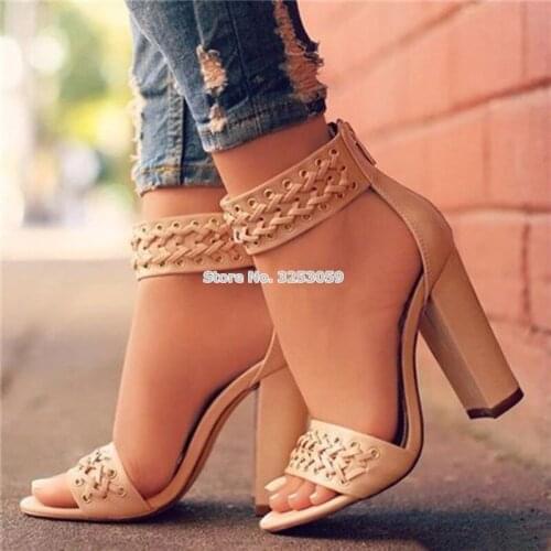 ALMUDENA Women Big Size 41 42 43 Thick High Heel Shoes Nude Black Chunky Heels Braided Embellished Dress Pumps Banquet Shoes