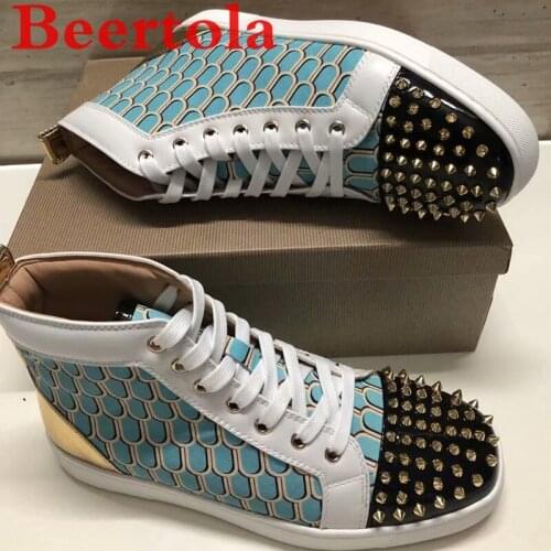 New Sky Blue Shoes Men High Top Round Toe Casual Mens Shoes Black Head Spikes Gold Back Tenis Masculino Luxury Flats Men Shoes