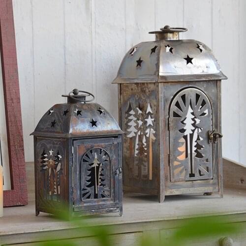 Vintage Hollow Xmas Tree Iron Candle Lantern In Small Large Sizes Handmade Home Tabletop Footed Square Star Metal Candle Holder