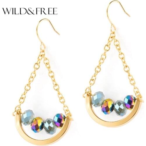 Wild&Free Boho Style Waterdrop Dangle Earrings Gold Color Semicircle Copper Crystal Beaded Drop Earrings Jewelry For Women