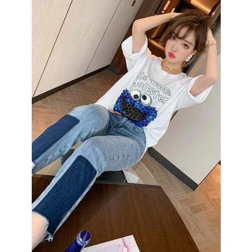 Cartoon letter pattern Sequin nail bead mercerized cotton versatile T Womens T-shirt 2021 Spring new High Quality Top Quality