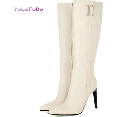 2021 Autumn Winter Women Knee High Boots PU Leather High Quality Ladies Thin High Heel Boots Pointed Toe Zipper Womens Boots