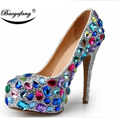 BaoYaFang Multicolored Crystal Womens Wedding shoes High Heeled Pumps Platform shoes for woman Round Toe