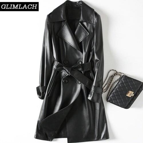 Black Genuine Leather Trench Coats Women With Belt Elegant 100% Sheepskin Real Leather Windbreaker Long Jacket Ladies Streetwear