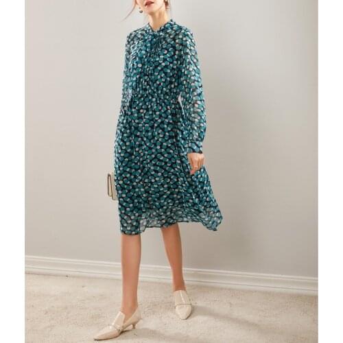 Spring Real Silk Dot Dress 100% Mulberry Silk Women One-piece Print Bow Dresses M L XL FREE SHIPPING