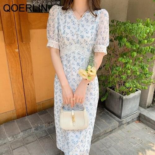 QOERLIN Summer Puff Sleeve Dress Women Plus Size Lace High Waist A-Line Flower Mid-Length Dresses V Neck Printed Vestidos Mujer